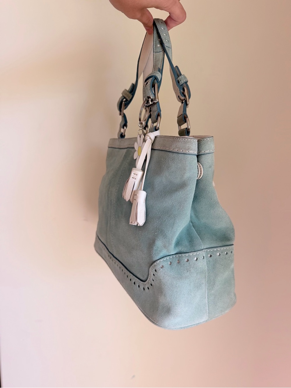 Coach Hampton Suede Carryall Tote in light blue/teal - Picture 4 of 9